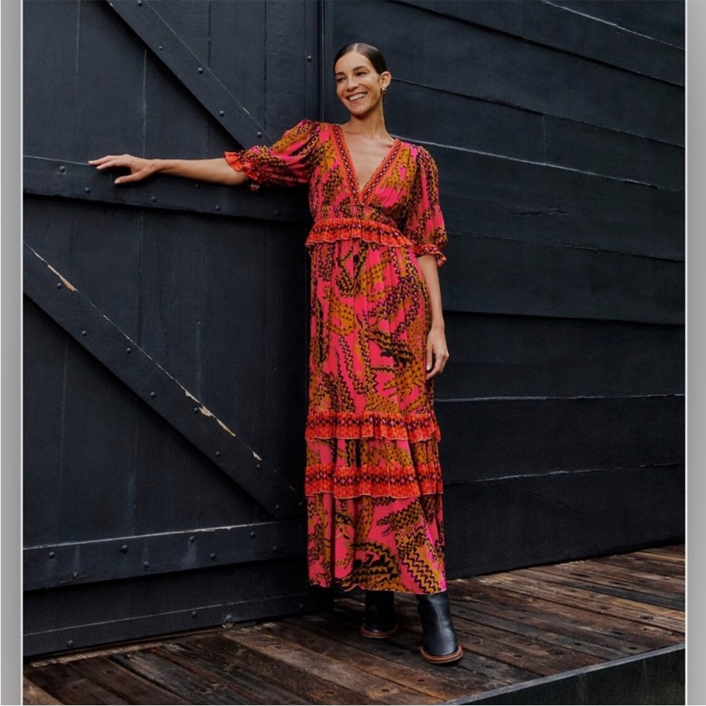 Farm Rio Croco Short Sleeve Maxi Dress Ruffle Georgette Pink Brown Women Small